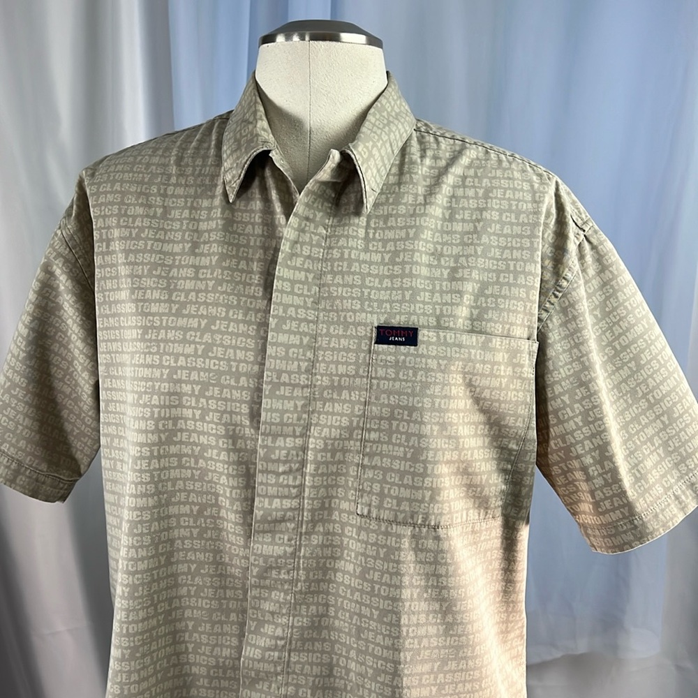 Tommy Jeans men's beige collared button up shirt short sleeve cotton casual L